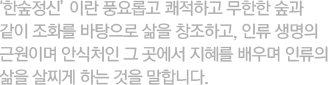 ‘한숲정신’이란 풍요롭고 쾌적하고 무한한 숲과 같이 조화를 바탕으로 삶을 창조하고, 인류 생명의 근원이며 안식처인 그 곳에서 지혜를 배우며 인류의 삶을 살찌게 하는 것을 말합니다.